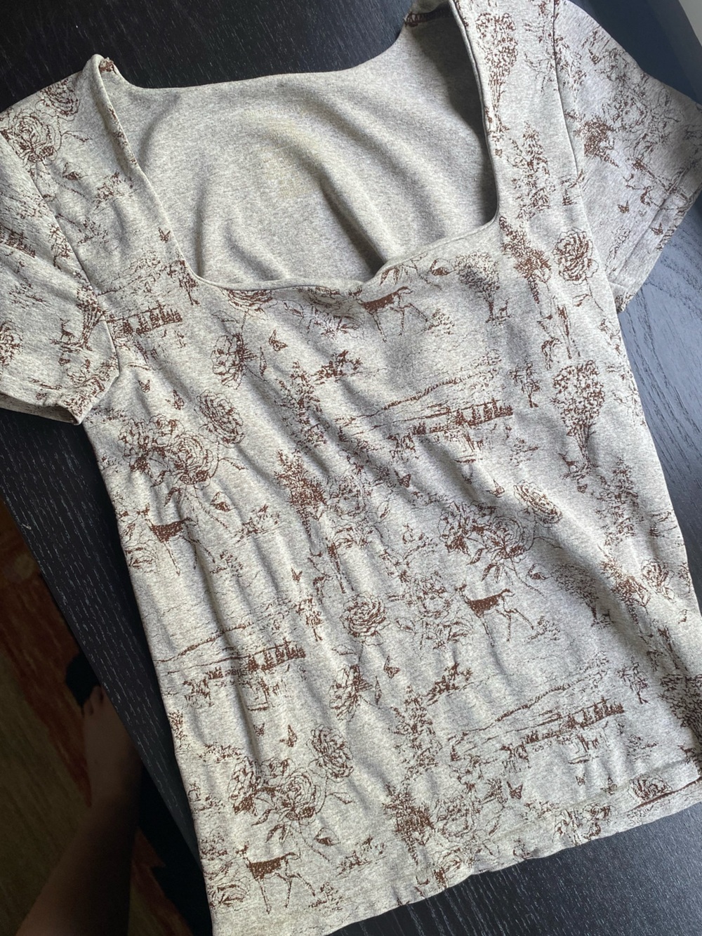 Free People Cream and Brown Printed Short Sleeve Tee